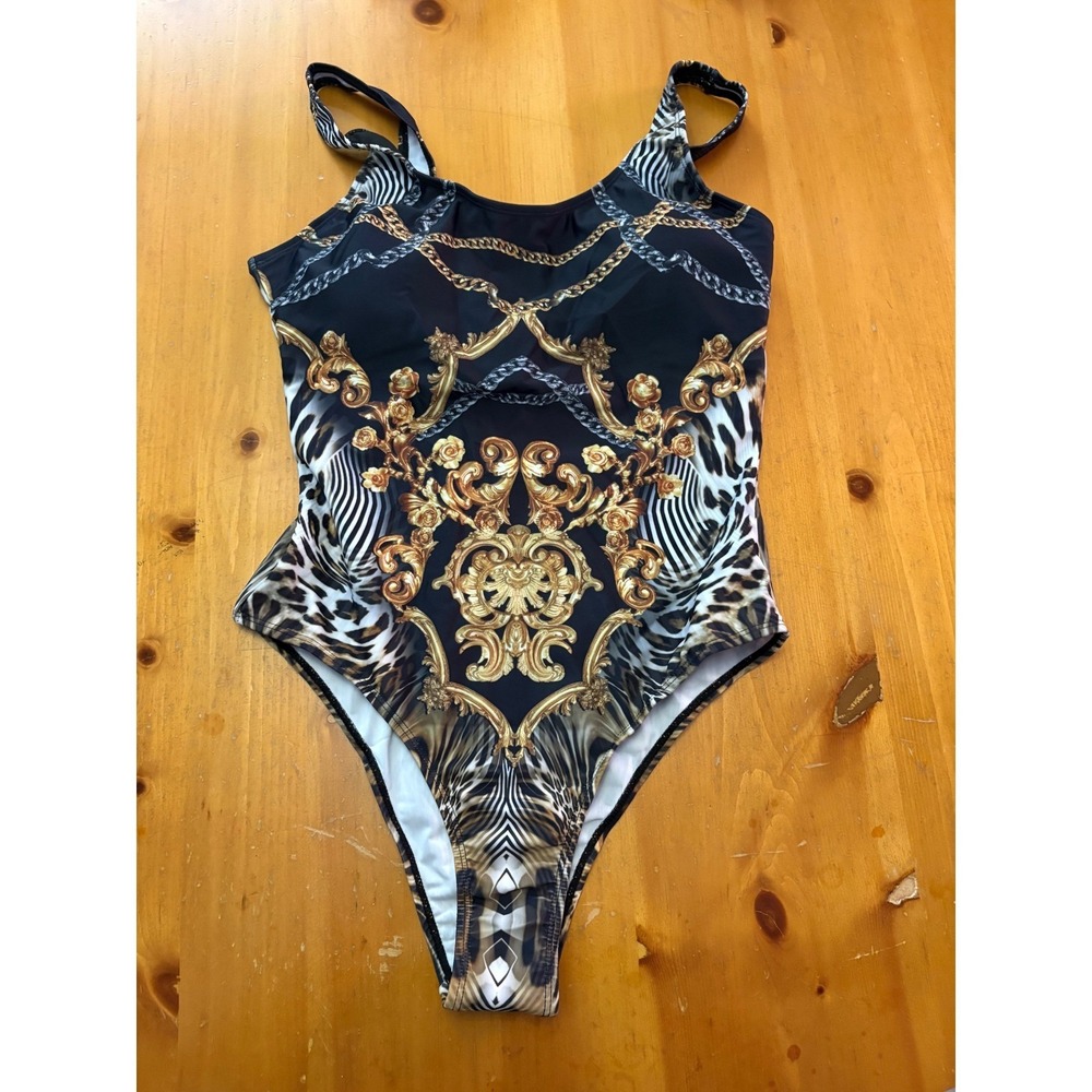 Baroque Gold Chain Animal Print One Piece Swimsuit Leopard Zebra Large